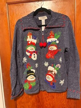 Vintage Blue Holiday Snowman Zip Cardigan Sweater